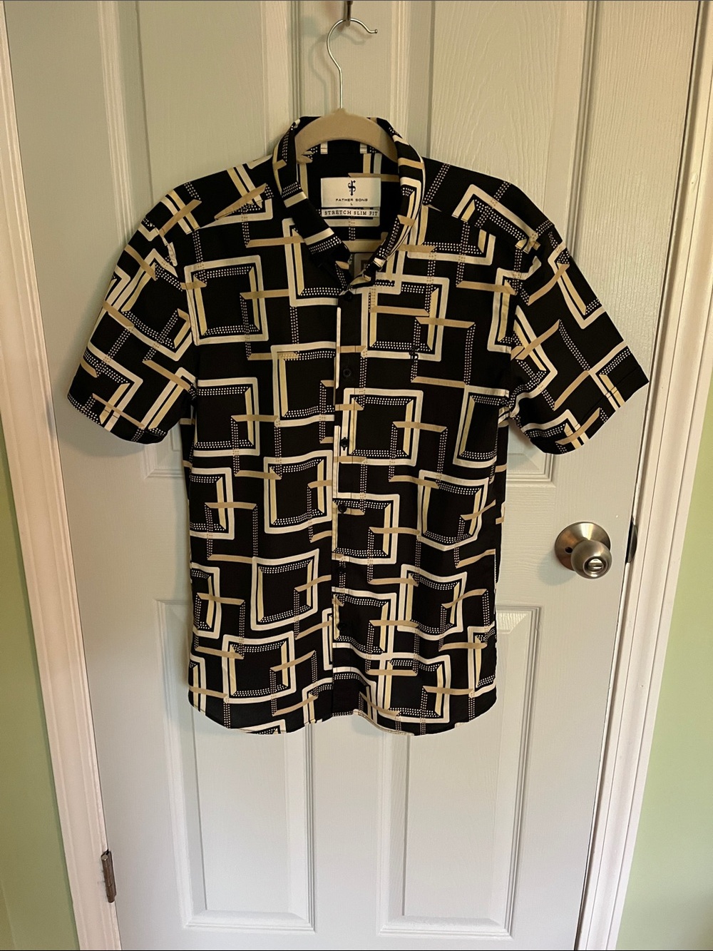 Men's Black Short-Sleeve Button-Down Shirt with Cream Geometric Print